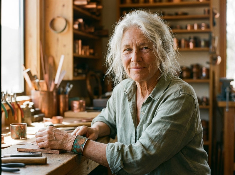 Vera dans son atelier, portant un bracelet en cuivre